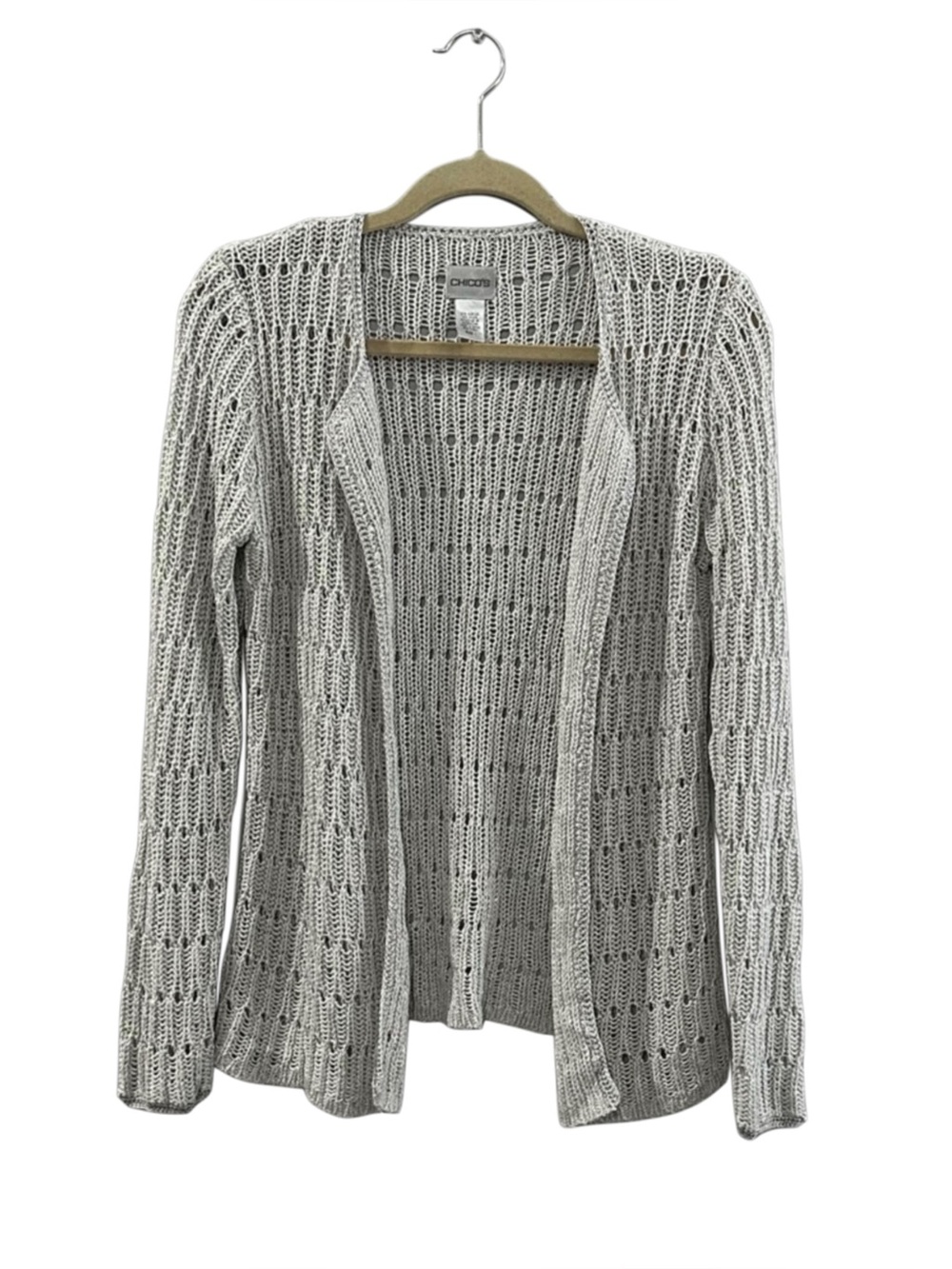 Chico’s Size 1 (M) Open Knit Cardigan Lightweight Sheer Neutral Gray Layer Boho